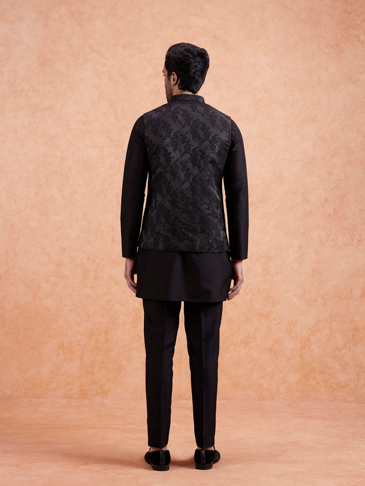 Black Jacquard Floral Nehru Jacket | SHOBITAM