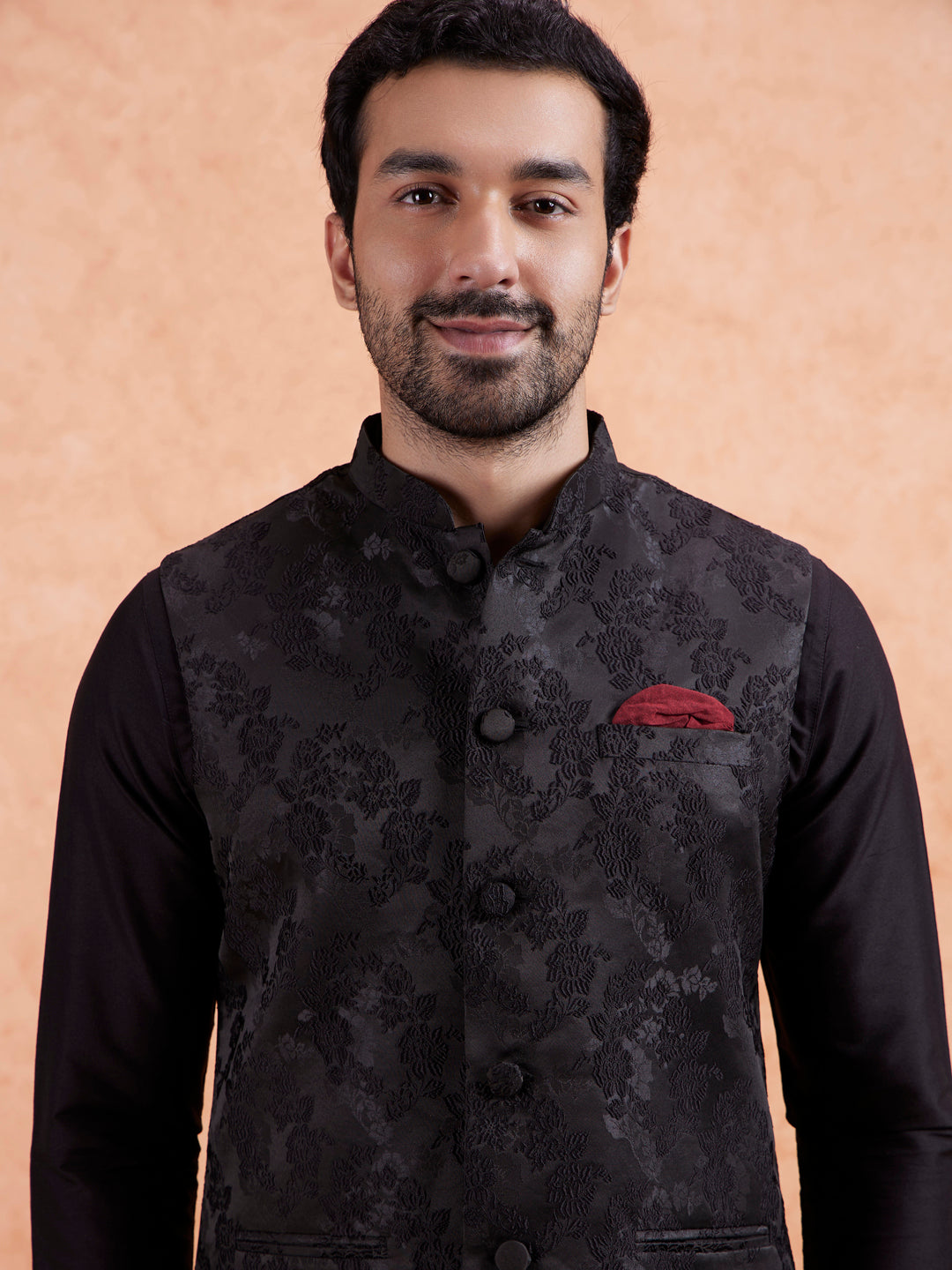 Black Jacquard Floral Nehru Jacket | SHOBITAM