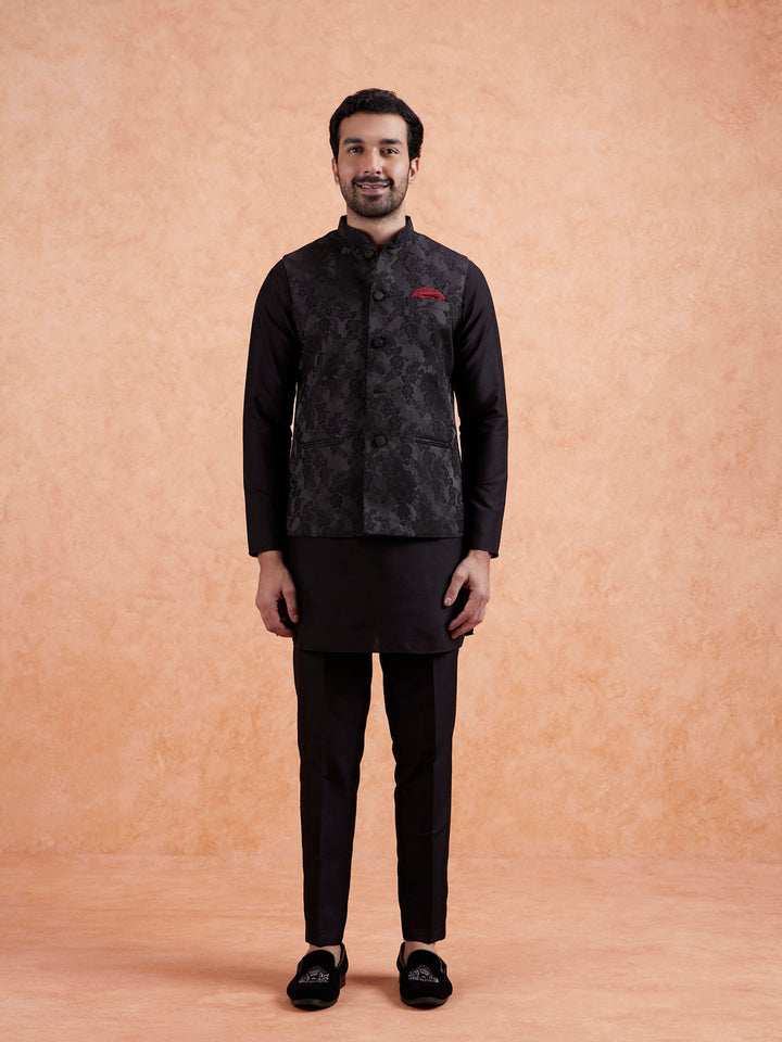 Black Jacquard Floral Nehru Jacket | SHOBITAM