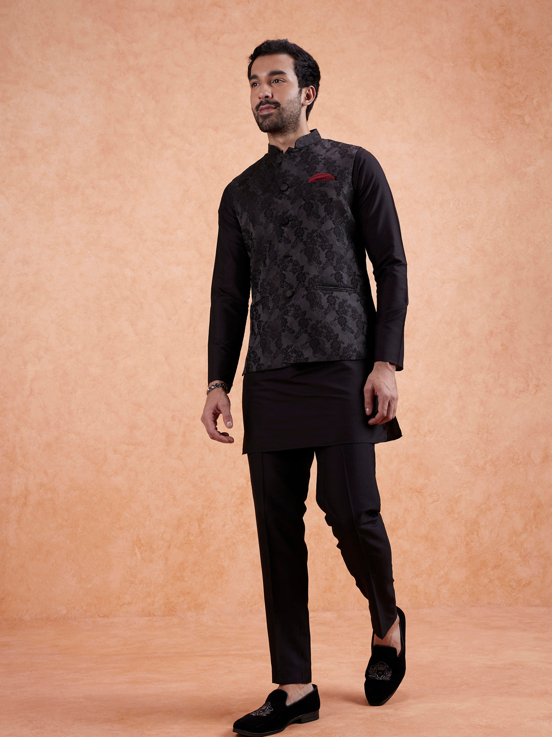 Black Jacquard Floral Nehru Jacket | SHOBITAM