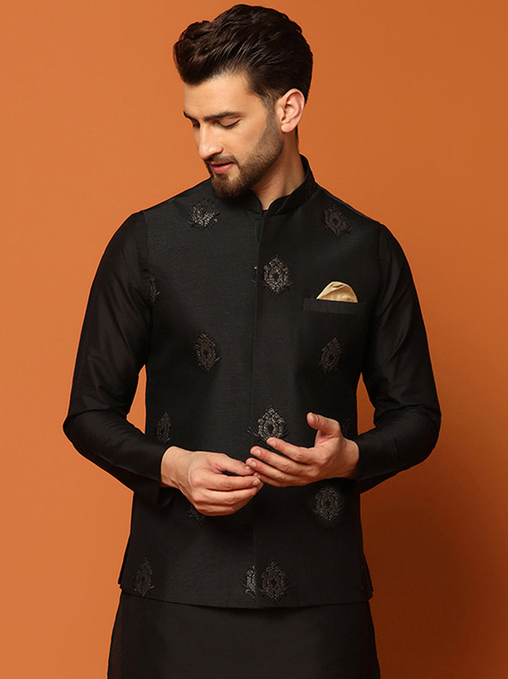 Black Silk Blend Embroidered Nehru Jacket For Men | SHOBITAM