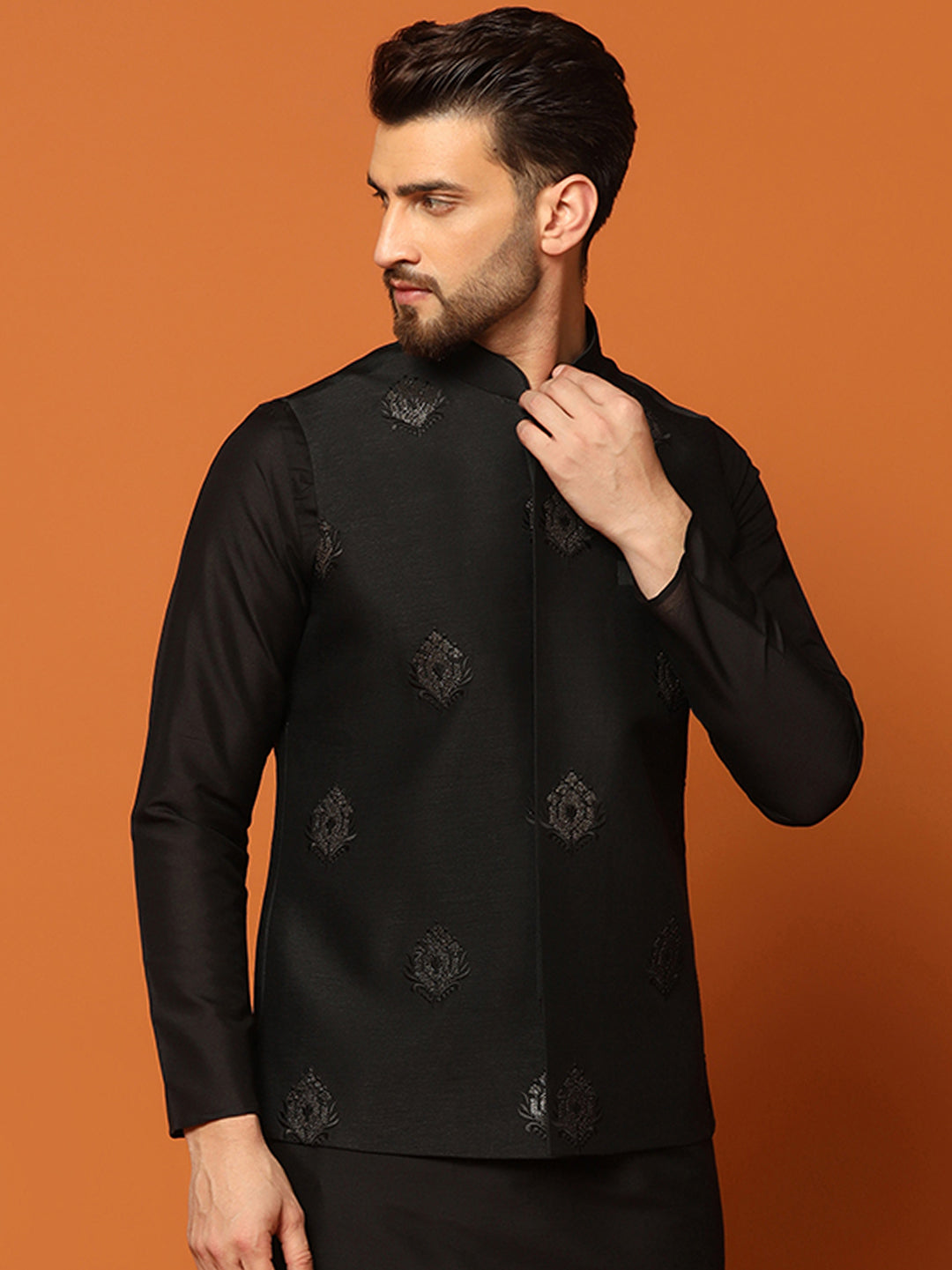 Black Silk Blend Embroidered Nehru Jacket For Men | SHOBITAM