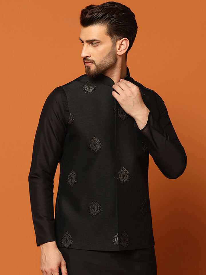 Black Silk Blend Embroidered Nehru Jacket For Men | SHOBITAM