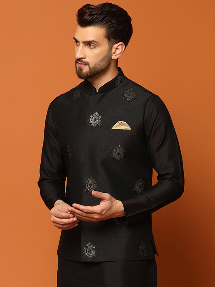 Black Silk Blend Embroidered Nehru Jacket For Men | SHOBITAM