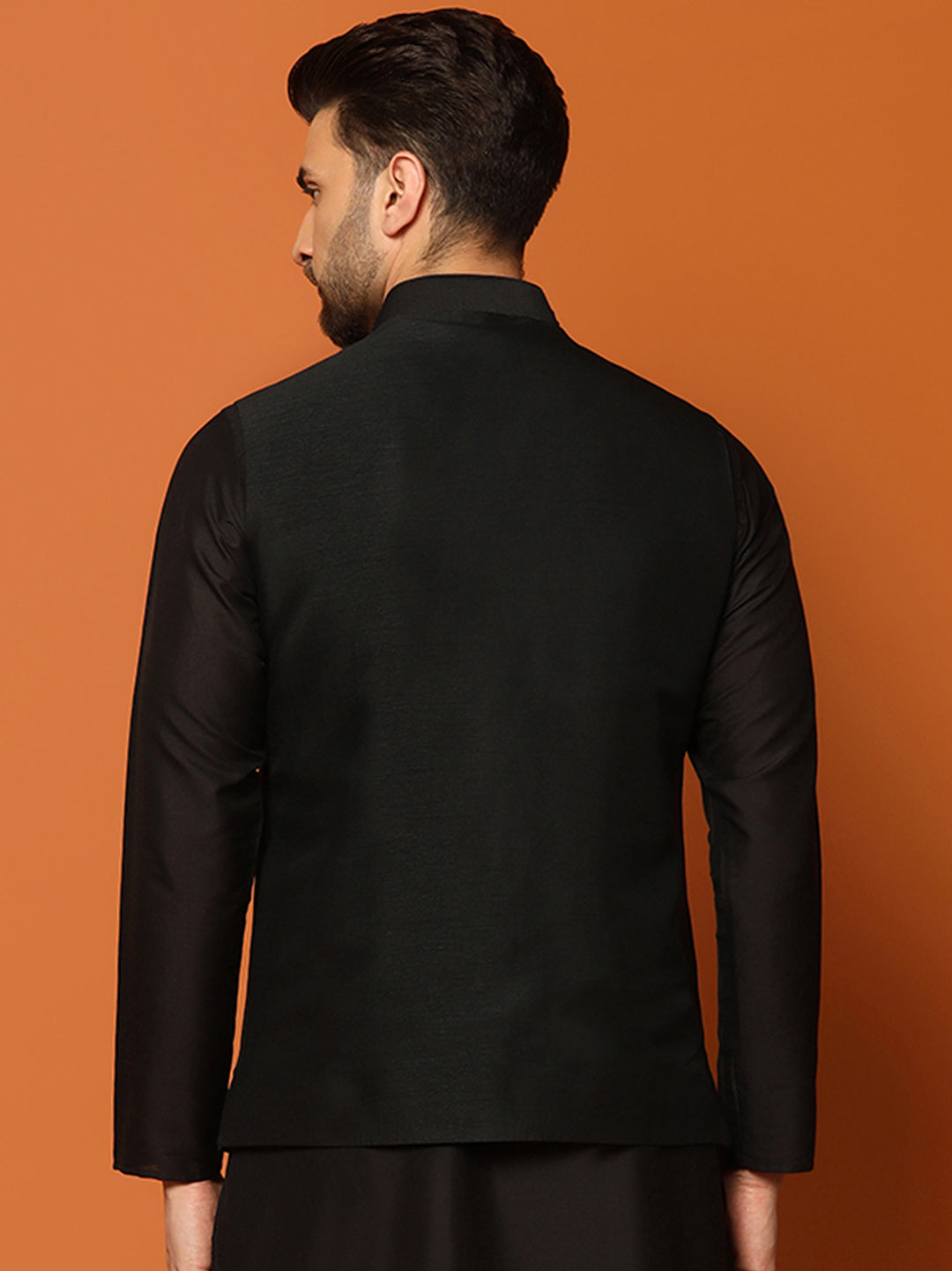 Black Silk Blend Embroidered Nehru Jacket For Men | SHOBITAM