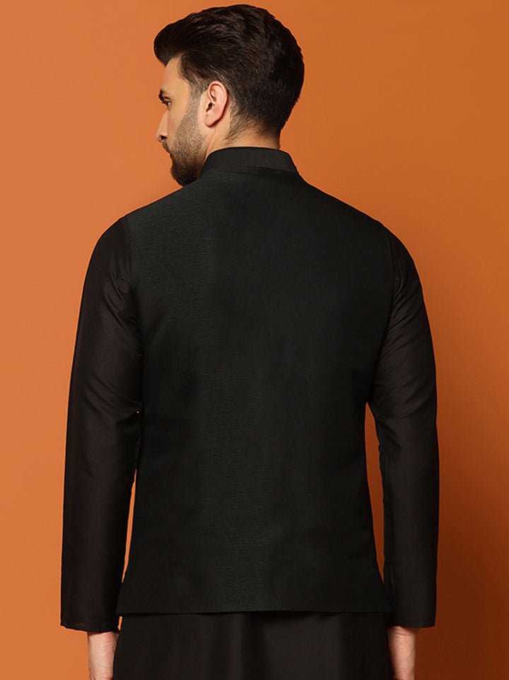 Black Silk Blend Embroidered Nehru Jacket For Men | SHOBITAM