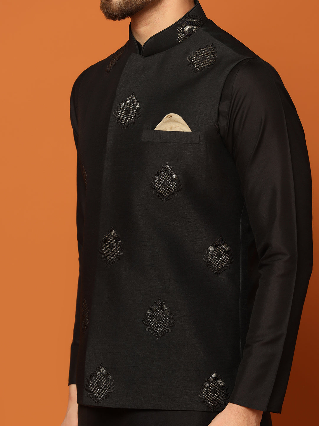 Black Silk Blend Embroidered Nehru Jacket For Men | SHOBITAM