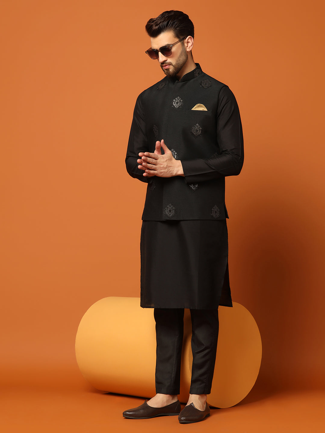 Black Silk Blend Embroidered Nehru Jacket For Men | SHOBITAM
