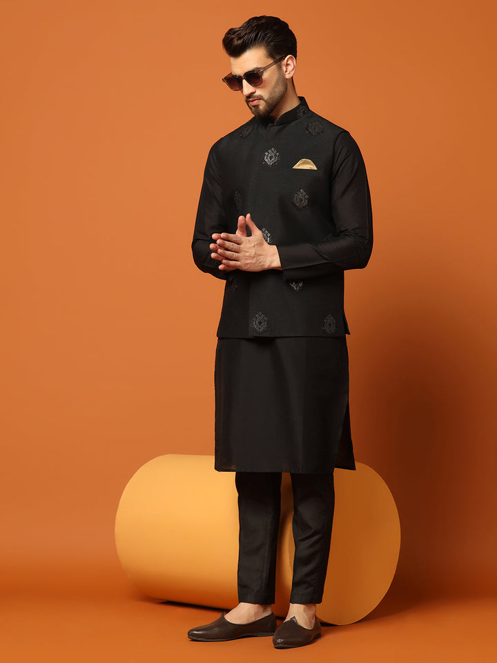 Black Silk Blend Embroidered Nehru Jacket For Men | SHOBITAM