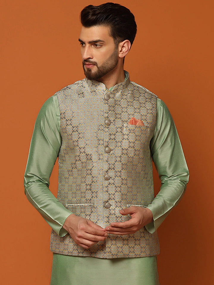 Grey Silk Blend Jacquard Nehru Jacket For Men | SHOBITAM