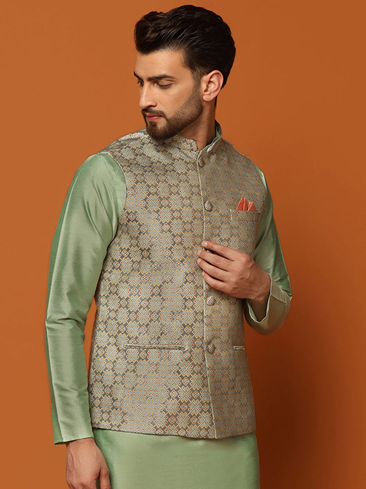 Grey Silk Blend Jacquard Nehru Jacket For Men | SHOBITAM