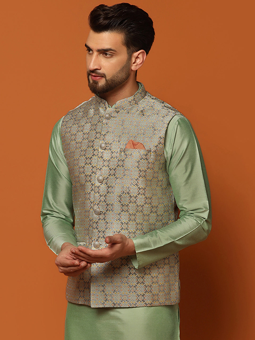 Grey Silk Blend Jacquard Nehru Jacket For Men | SHOBITAM