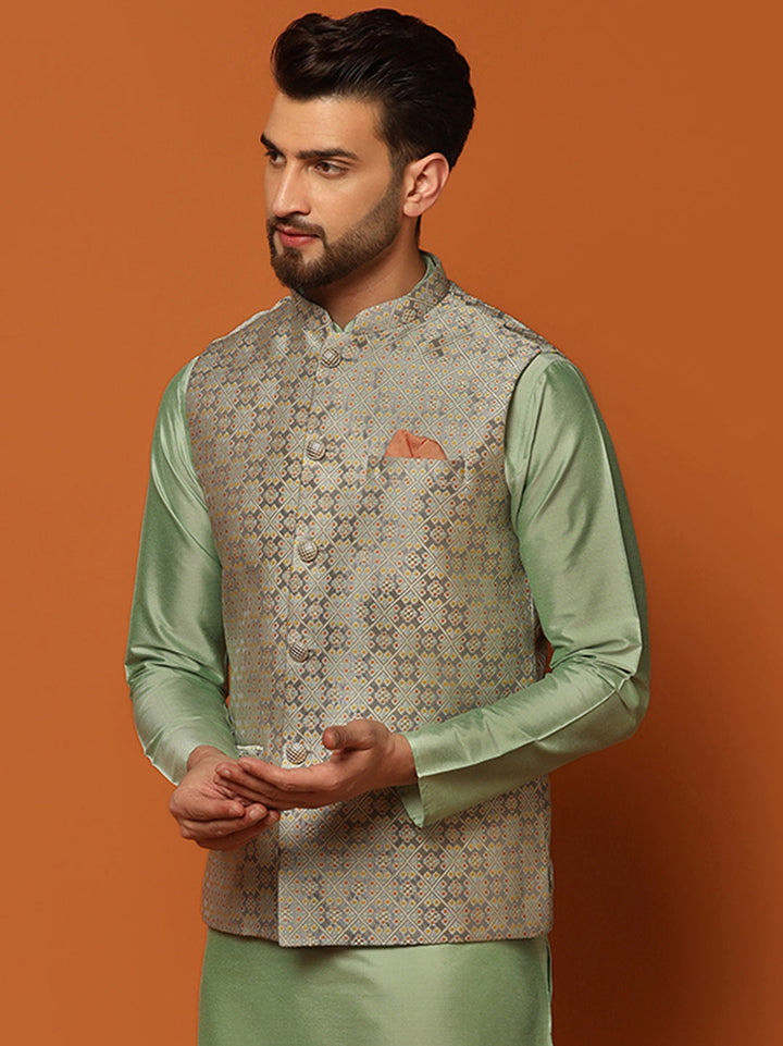 Grey Silk Blend Jacquard Nehru Jacket For Men | SHOBITAM