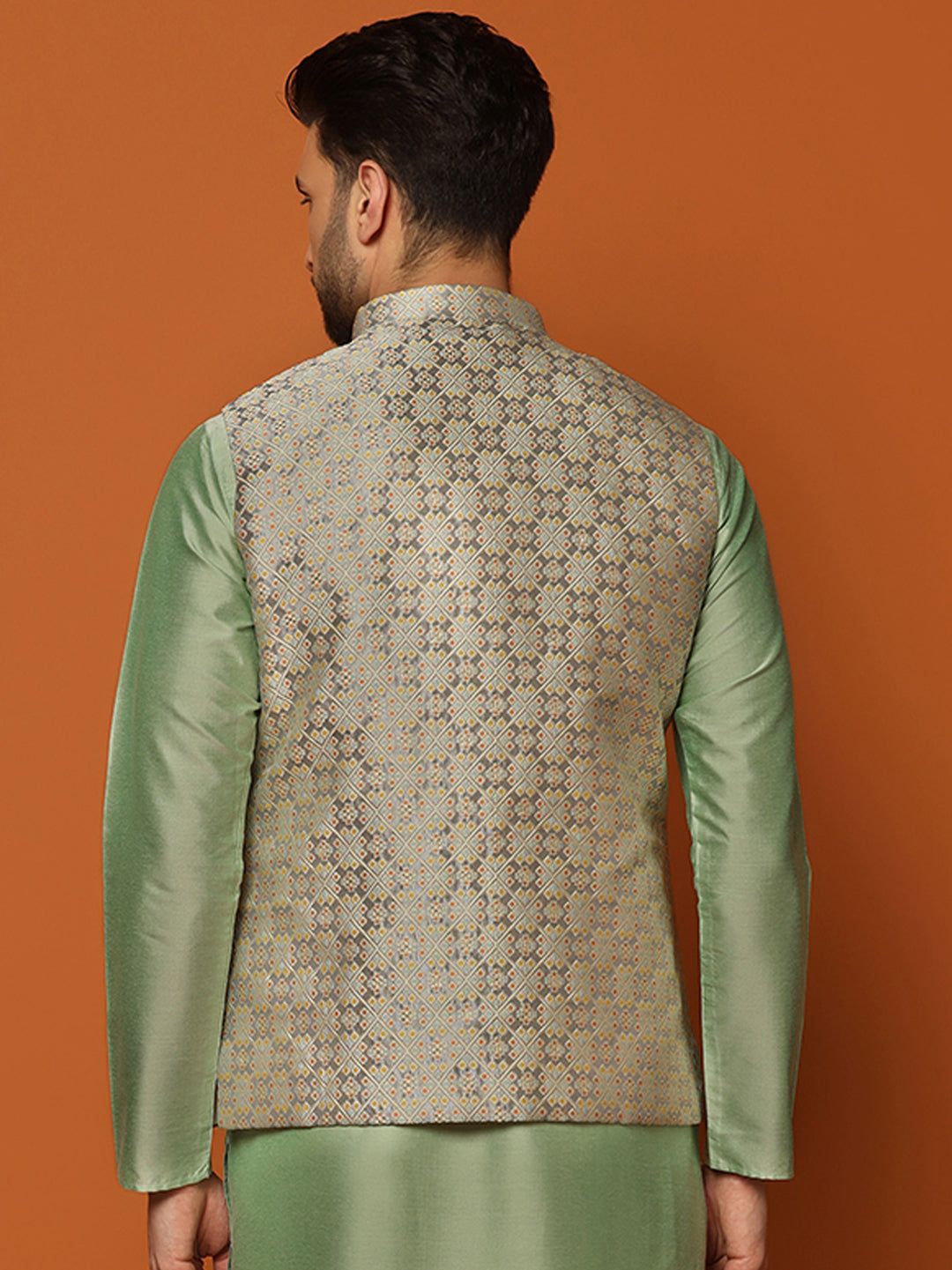 Grey Silk Blend Jacquard Nehru Jacket For Men | SHOBITAM