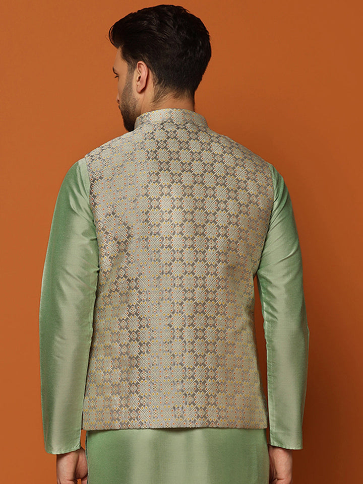 Grey Silk Blend Jacquard Nehru Jacket For Men | SHOBITAM