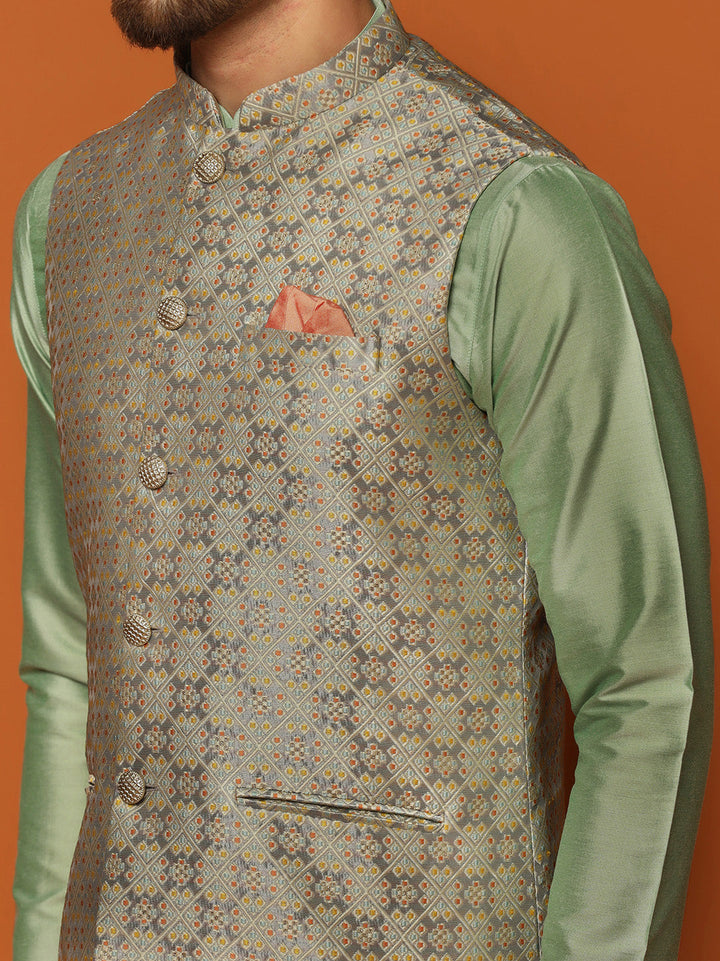 Grey Silk Blend Jacquard Nehru Jacket For Men | SHOBITAM