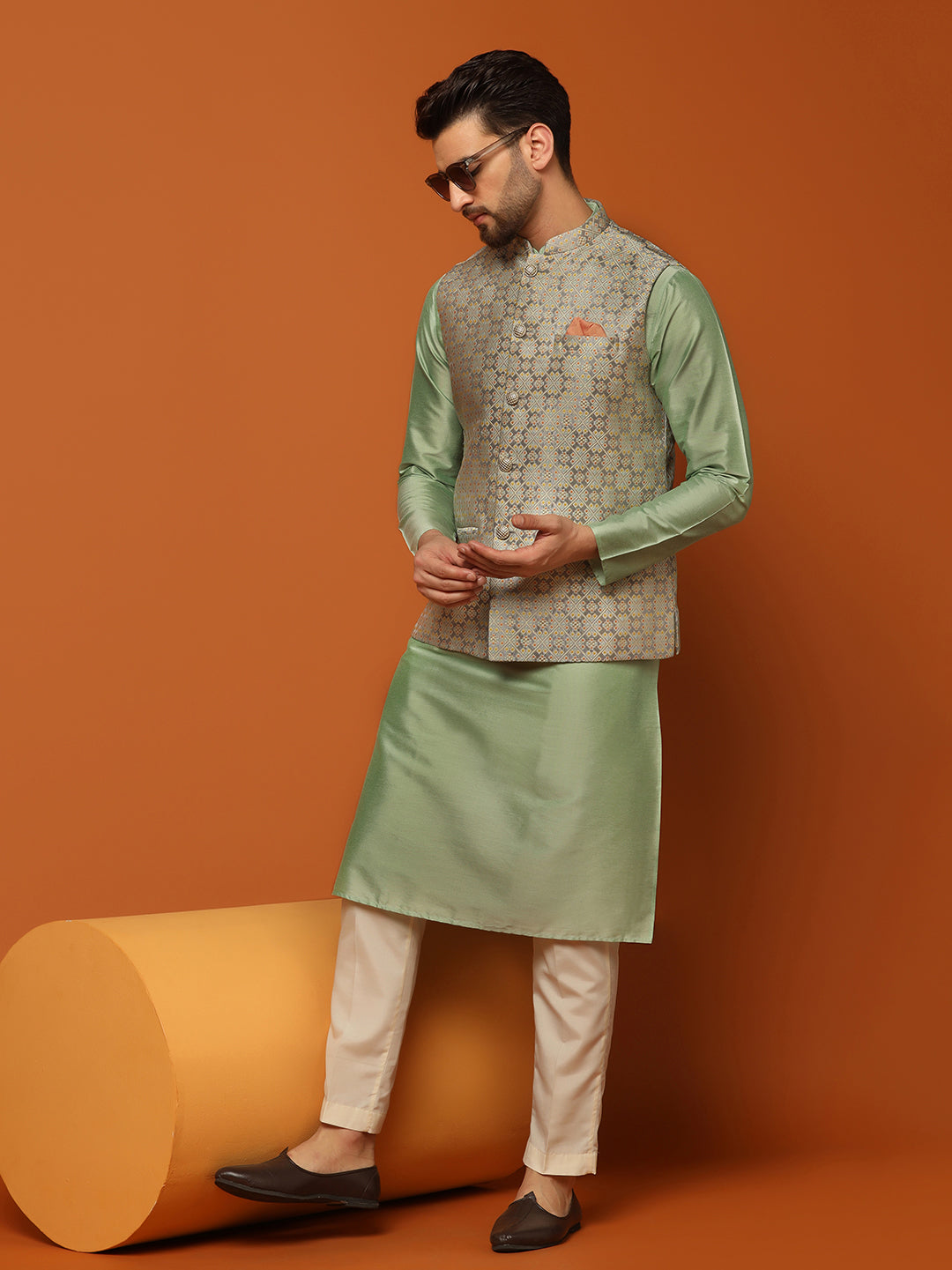 Grey Silk Blend Jacquard Nehru Jacket For Men | SHOBITAM