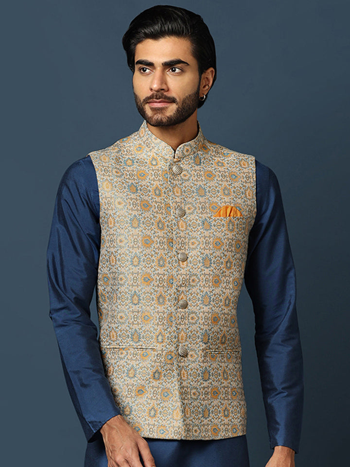 Grey Silk Blend Jacquard Nehru Jacket For Men | SHOBITAM