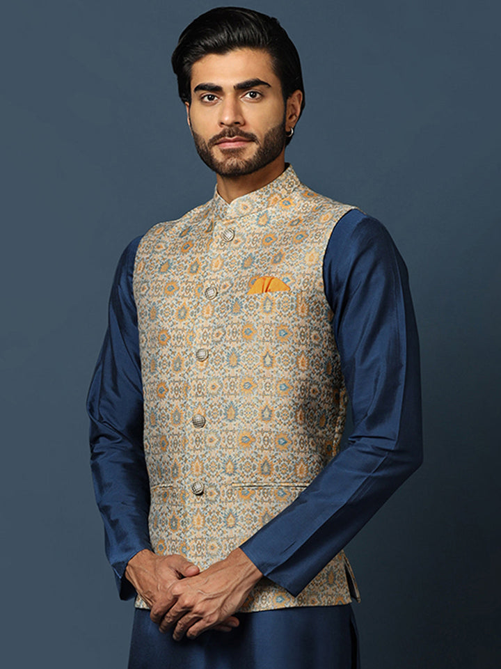 Grey Silk Blend Jacquard Nehru Jacket For Men | SHOBITAM