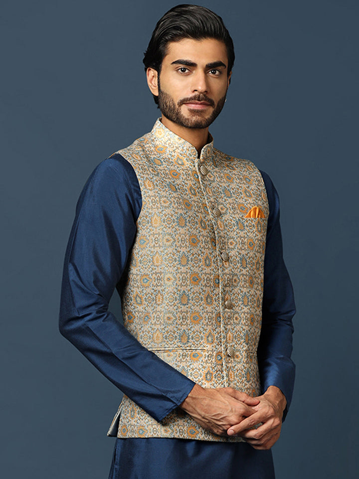 Grey Silk Blend Jacquard Nehru Jacket For Men | SHOBITAM