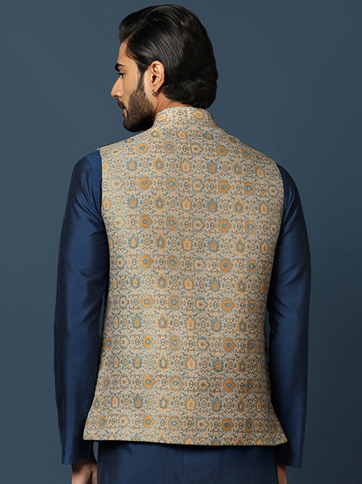Grey Silk Blend Jacquard Nehru Jacket For Men | SHOBITAM