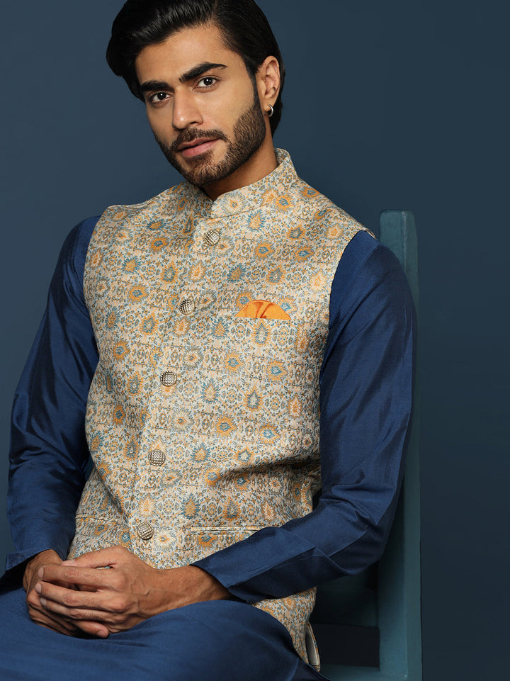 Grey Silk Blend Jacquard Nehru Jacket For Men | SHOBITAM