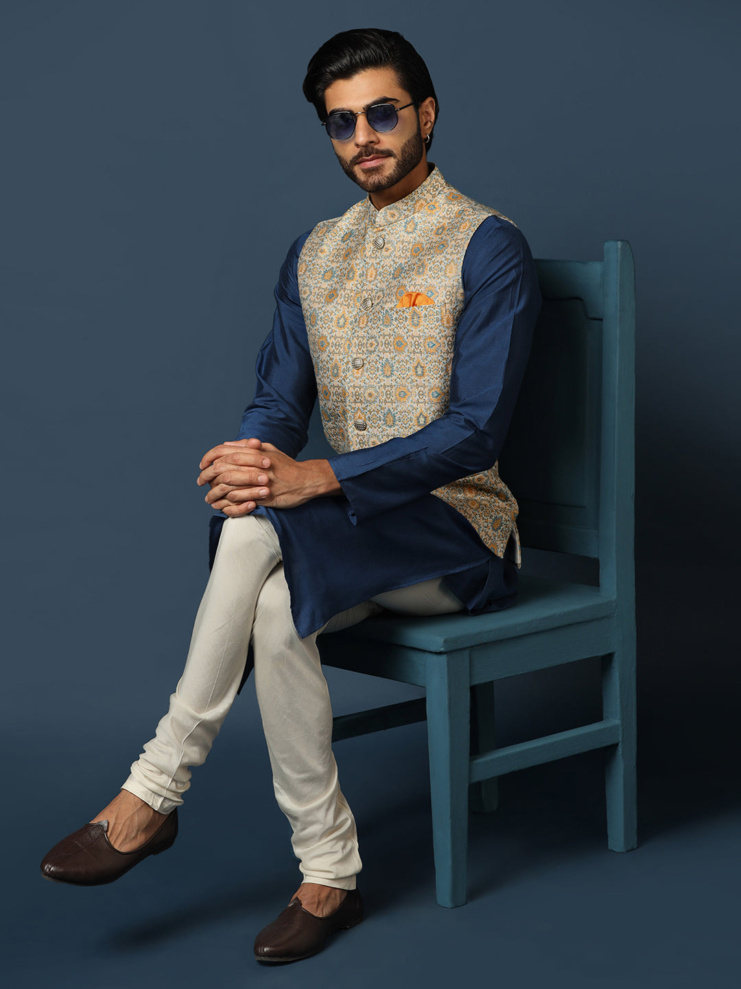 Grey Silk Blend Jacquard Nehru Jacket For Men | SHOBITAM