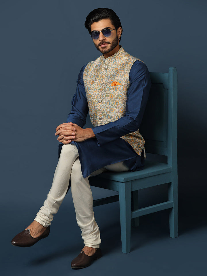 Grey Silk Blend Jacquard Nehru Jacket For Men | SHOBITAM