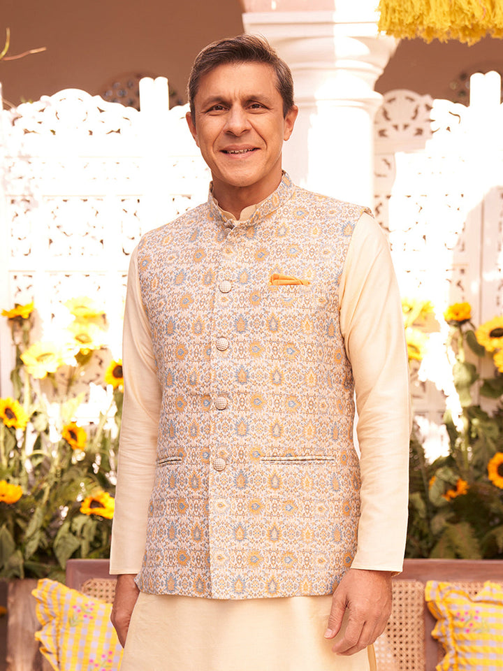 Grey Silk Blend Jacquard Nehru Jacket For Men | SHOBITAM