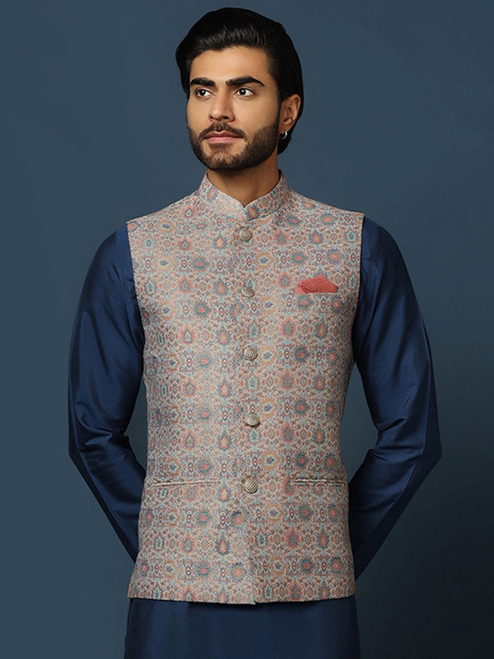 Grey Jacquard Nehru Jacket with Multicolor Weave | SHOBITAM
