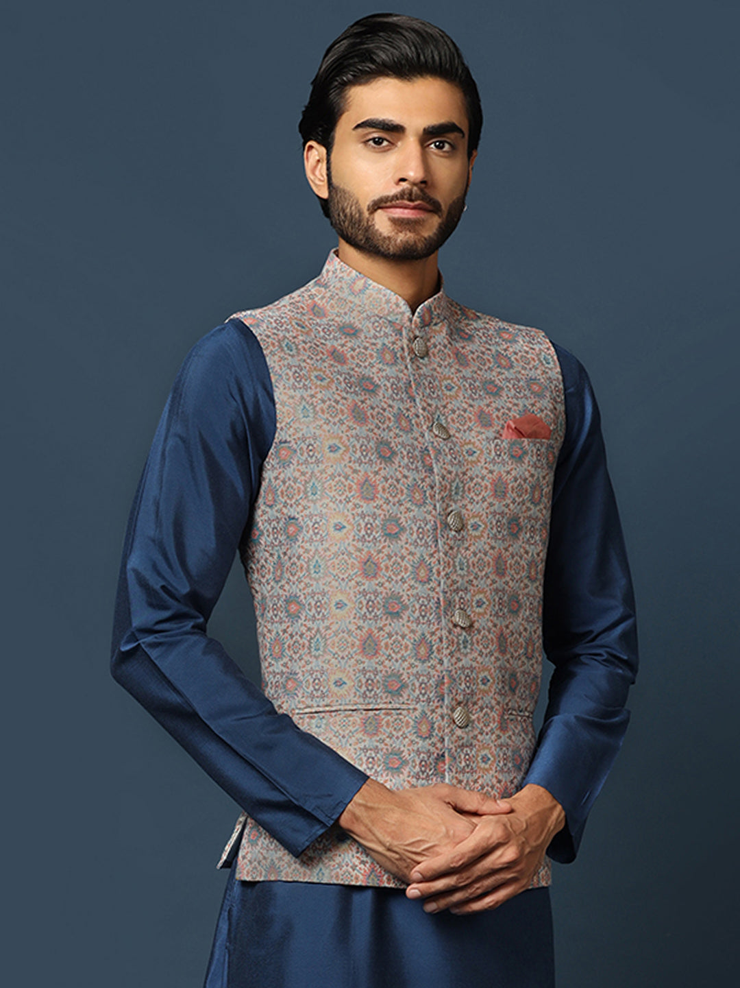 Grey Jacquard Nehru Jacket with Multicolor Weave | SHOBITAM