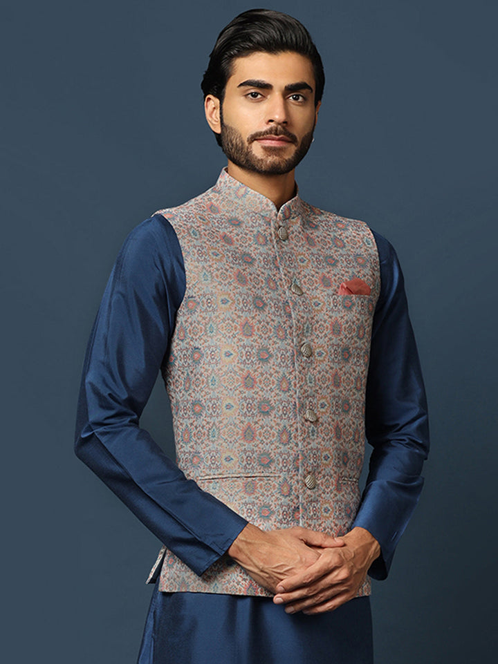 Grey Jacquard Nehru Jacket with Multicolor Weave | SHOBITAM