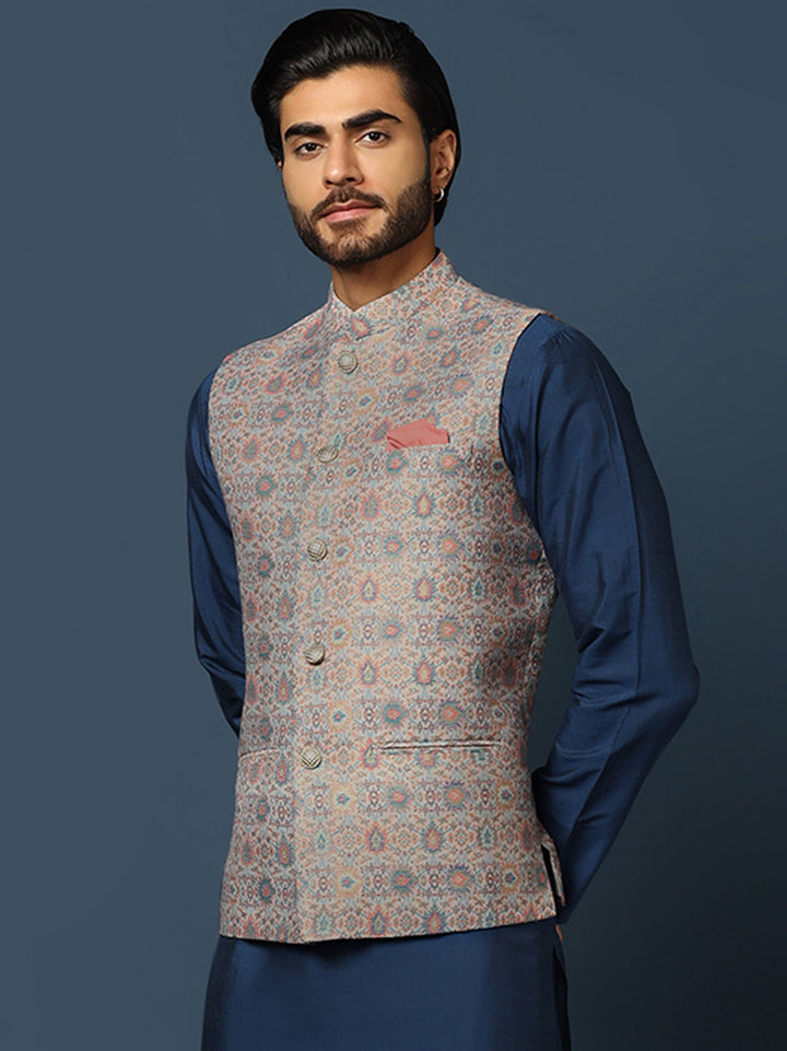 Grey Jacquard Nehru Jacket with Multicolor Weave | SHOBITAM