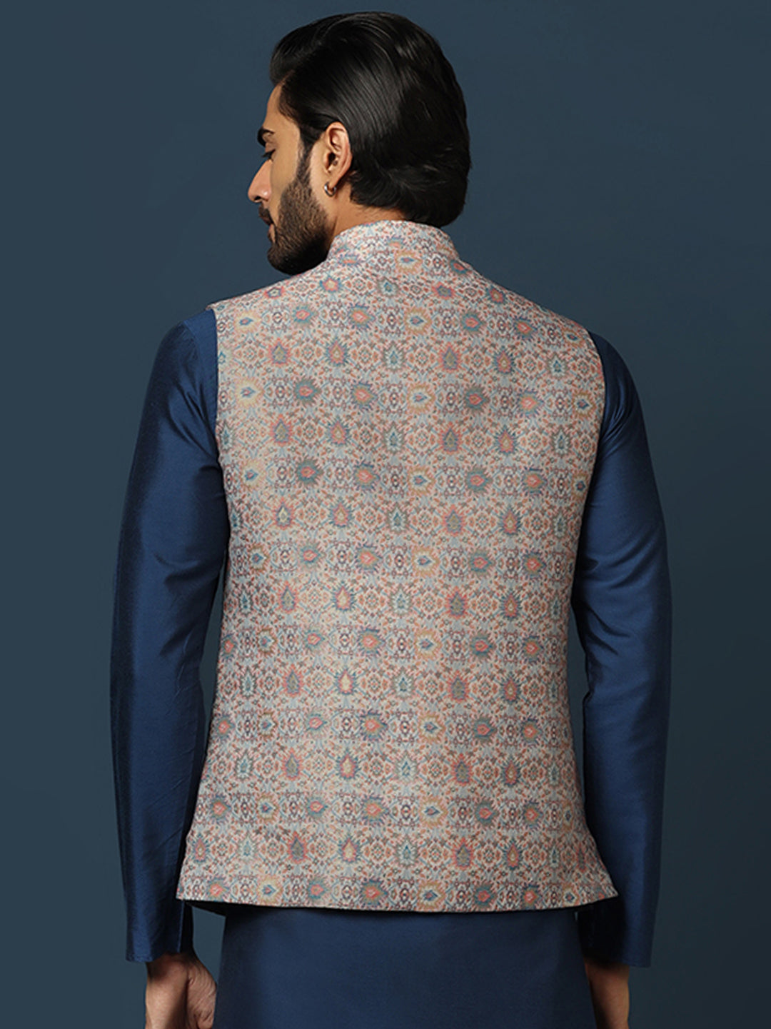 Grey Jacquard Nehru Jacket with Multicolor Weave | SHOBITAM