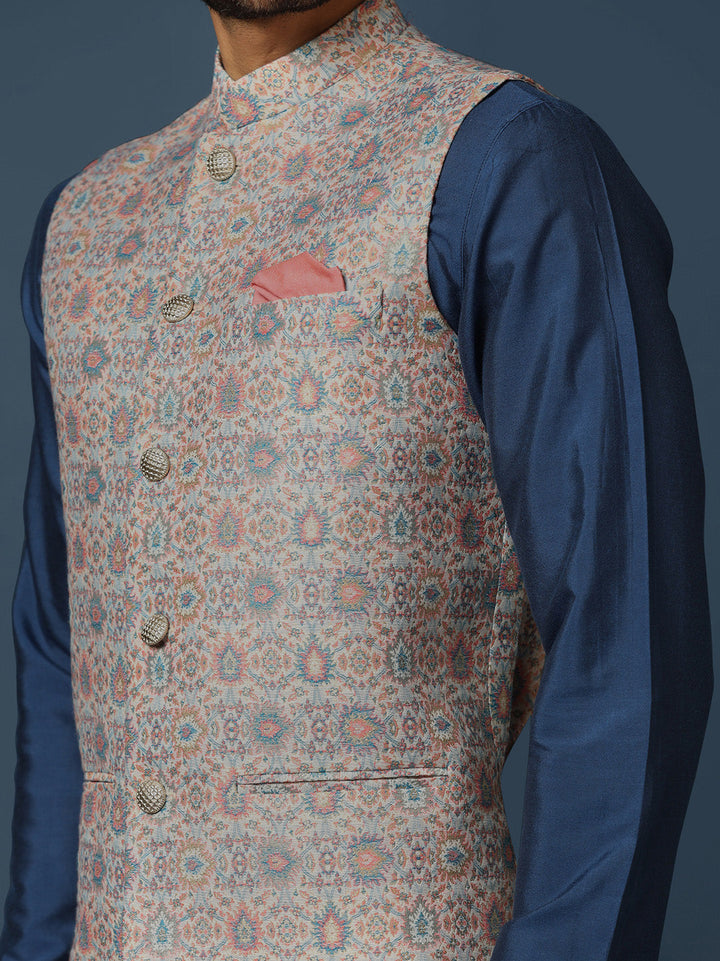 Grey Jacquard Nehru Jacket with Multicolor Weave | SHOBITAM