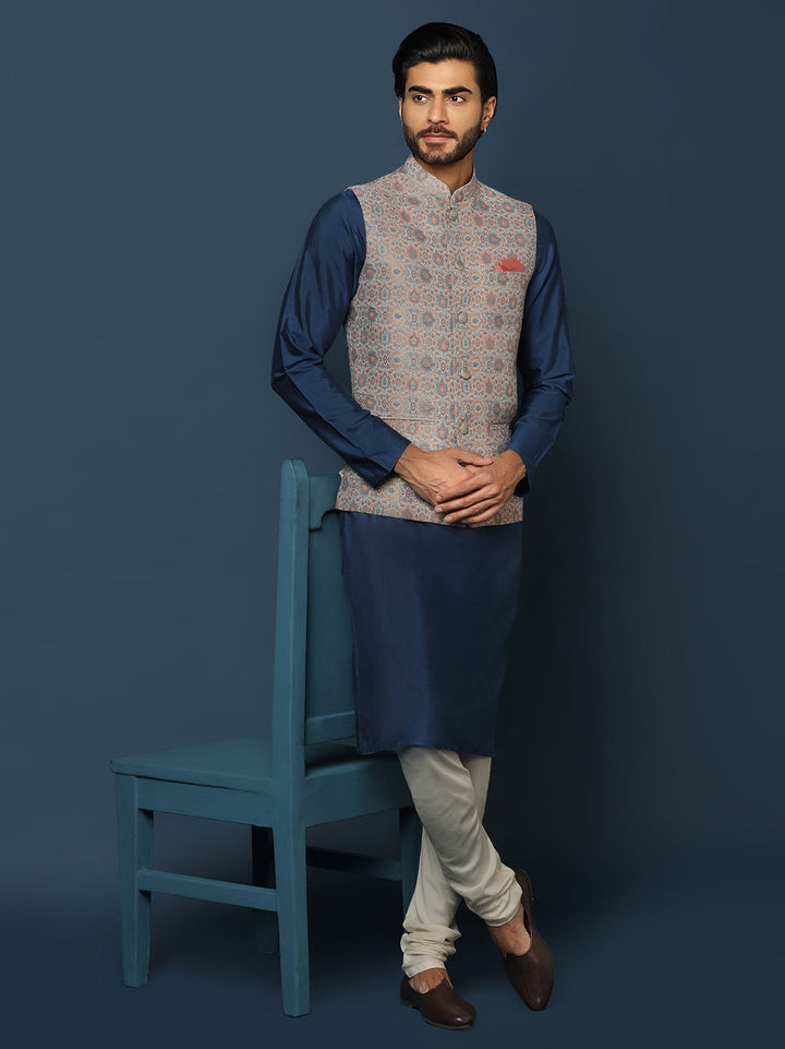 Grey Jacquard Nehru Jacket with Multicolor Weave | SHOBITAM