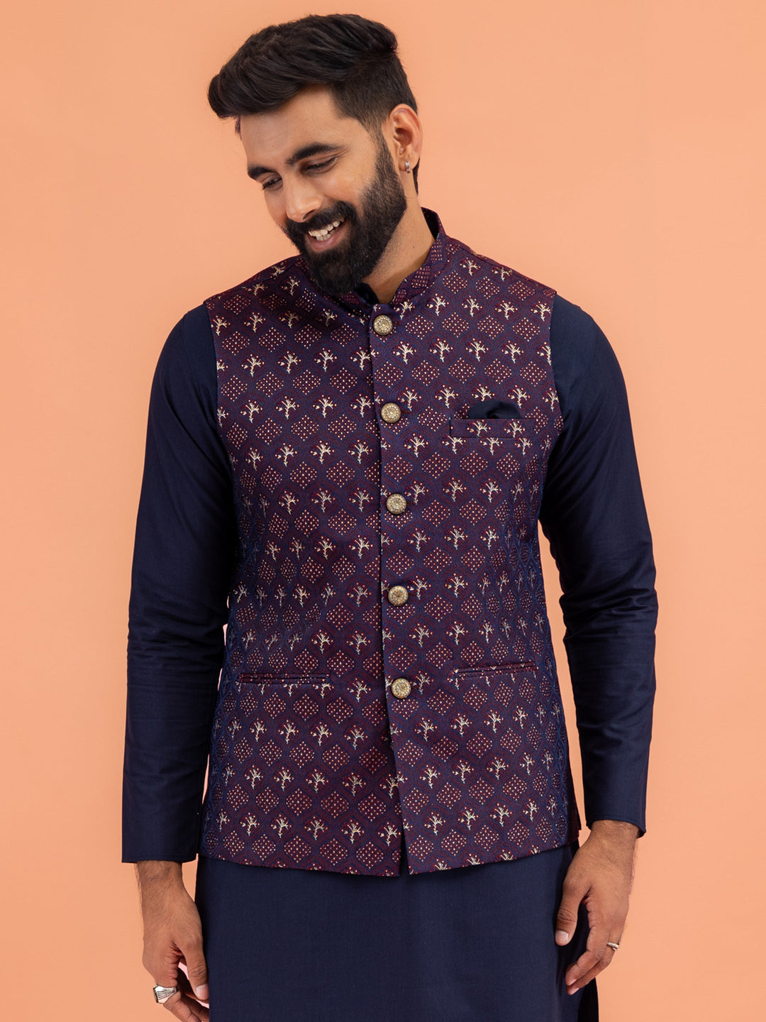 Men Maroon Textured Nehru Jacket | SHOBITAM