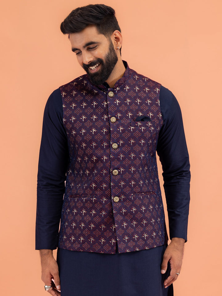 Men Maroon Textured Nehru Jacket | SHOBITAM