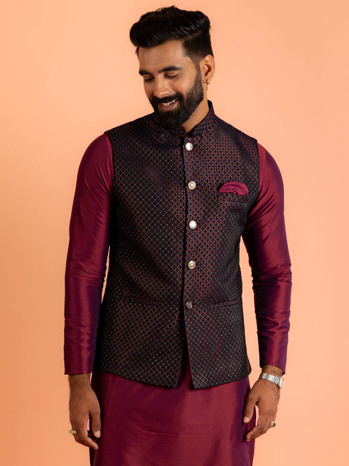 Wine Silk Blend Woven Nehru Jacket Bundi For Men | SHOBITAM