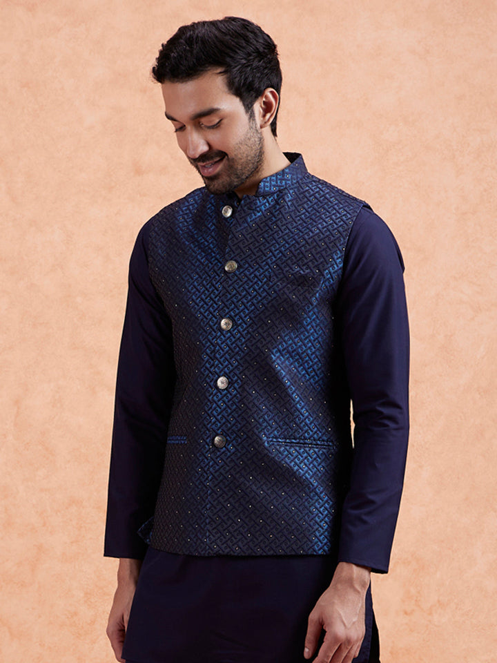 Navy Jacquard Textured Nehru Jacket | SHOBITAM