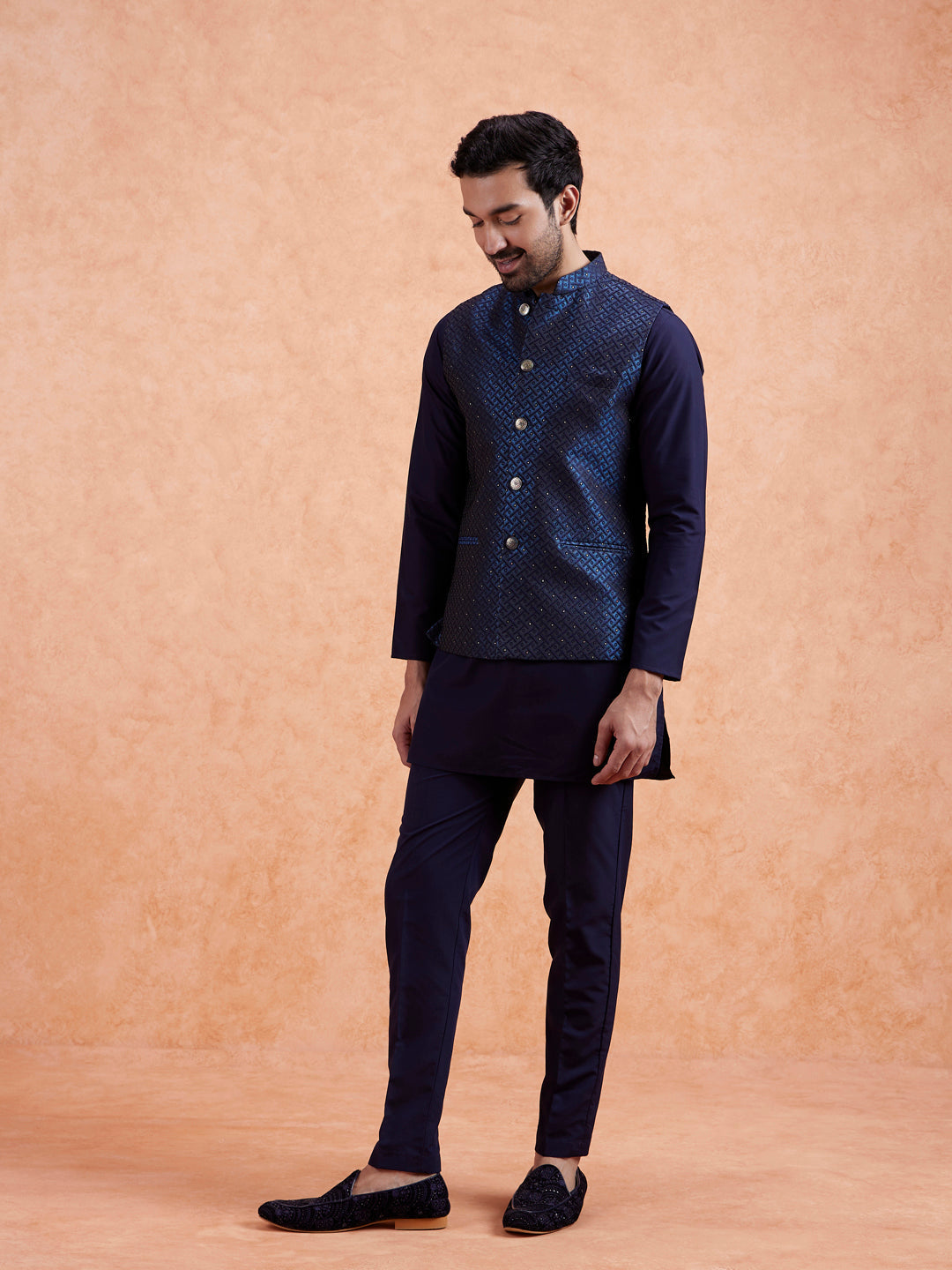 Navy Jacquard Textured Nehru Jacket | SHOBITAM