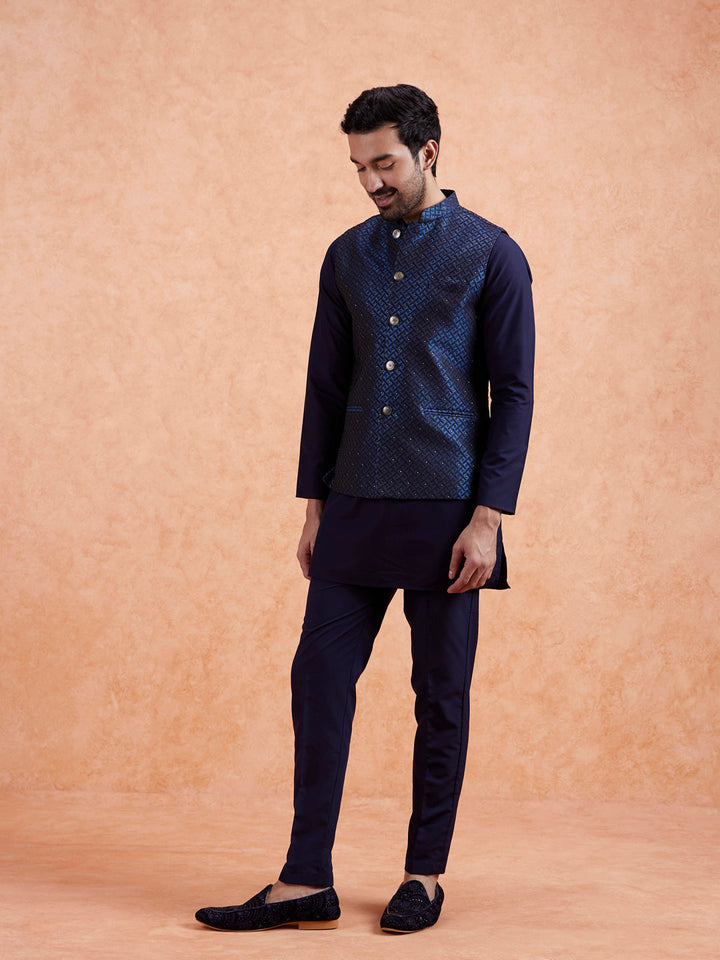 Navy Jacquard Textured Nehru Jacket | SHOBITAM