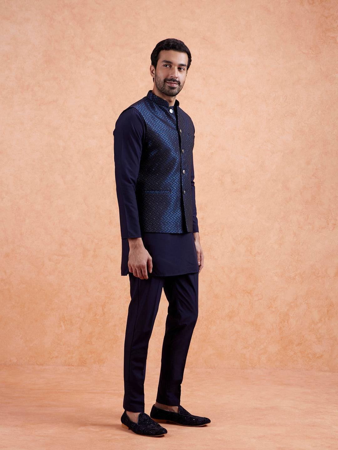 Navy Jacquard Textured Nehru Jacket | SHOBITAM