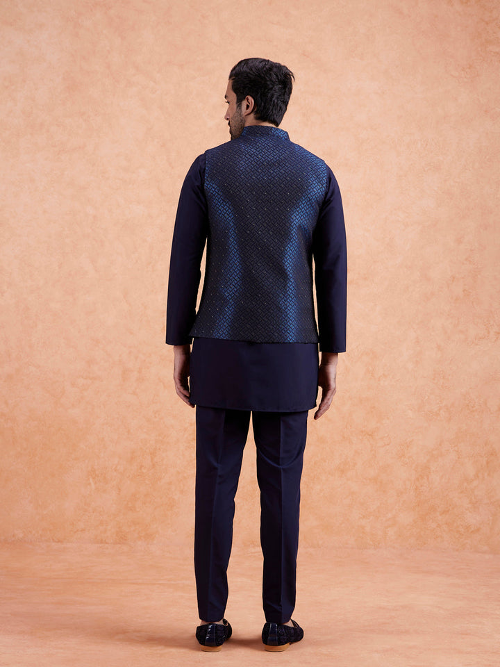 Navy Jacquard Textured Nehru Jacket | SHOBITAM