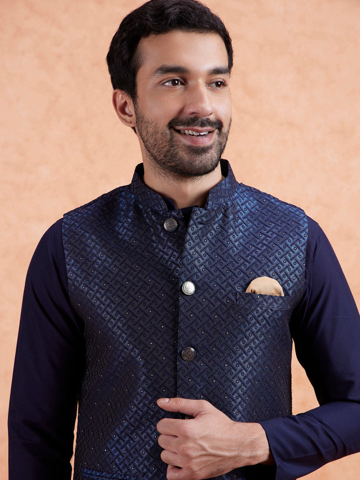 Navy Jacquard Textured Nehru Jacket | SHOBITAM