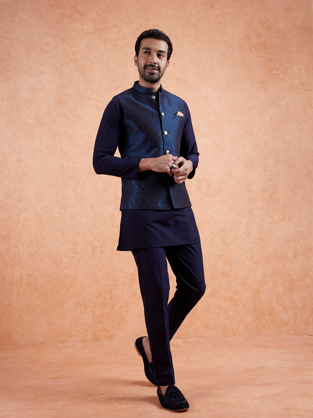 Navy Jacquard Textured Nehru Jacket | SHOBITAM