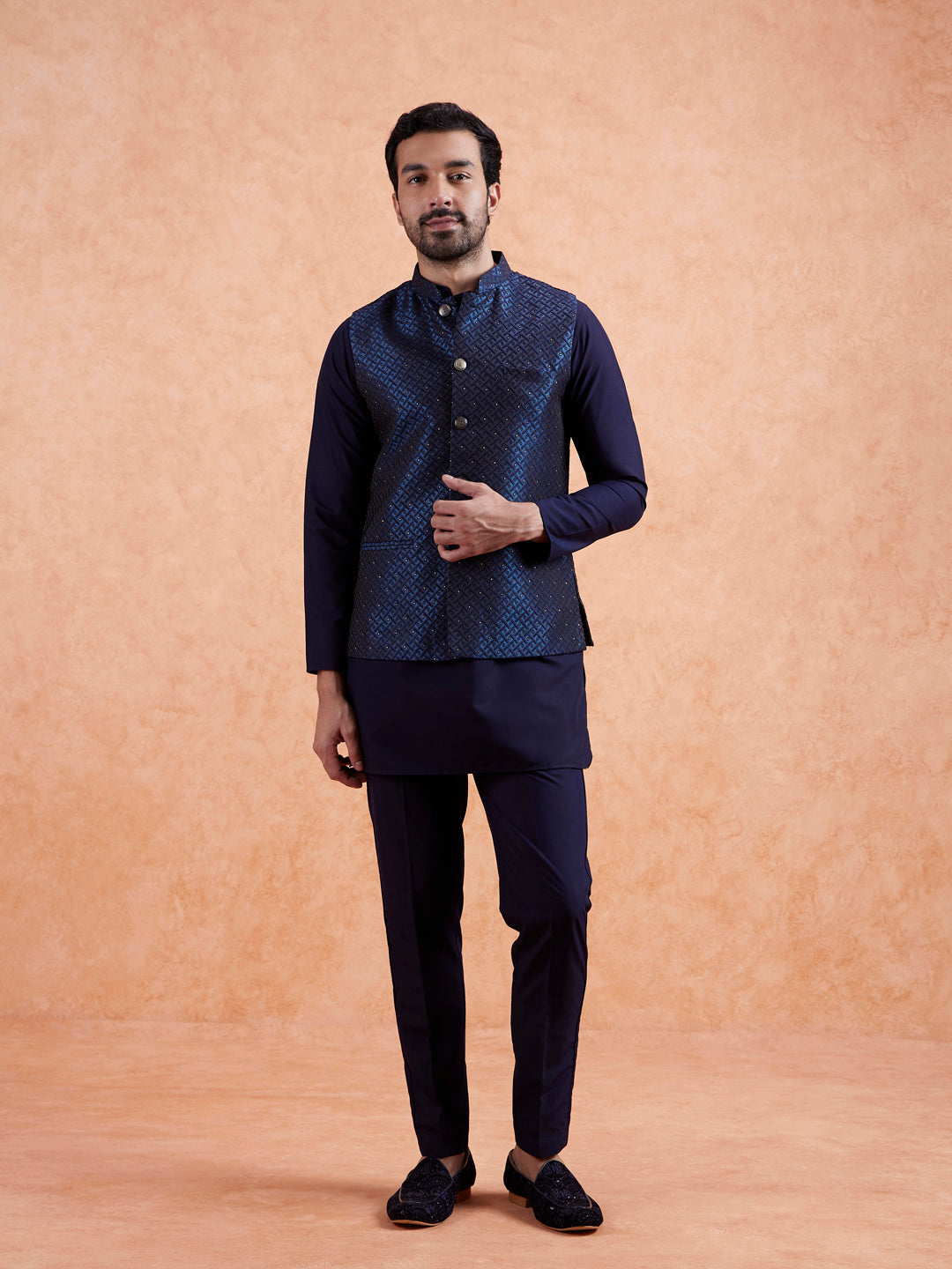 Navy Jacquard Textured Nehru Jacket | SHOBITAM