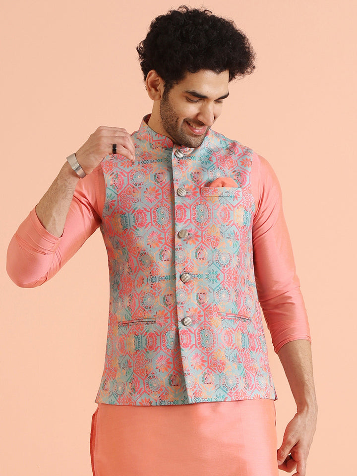 Multicolor Printed Silk Blend Nehru Jacket | SHOBITAM