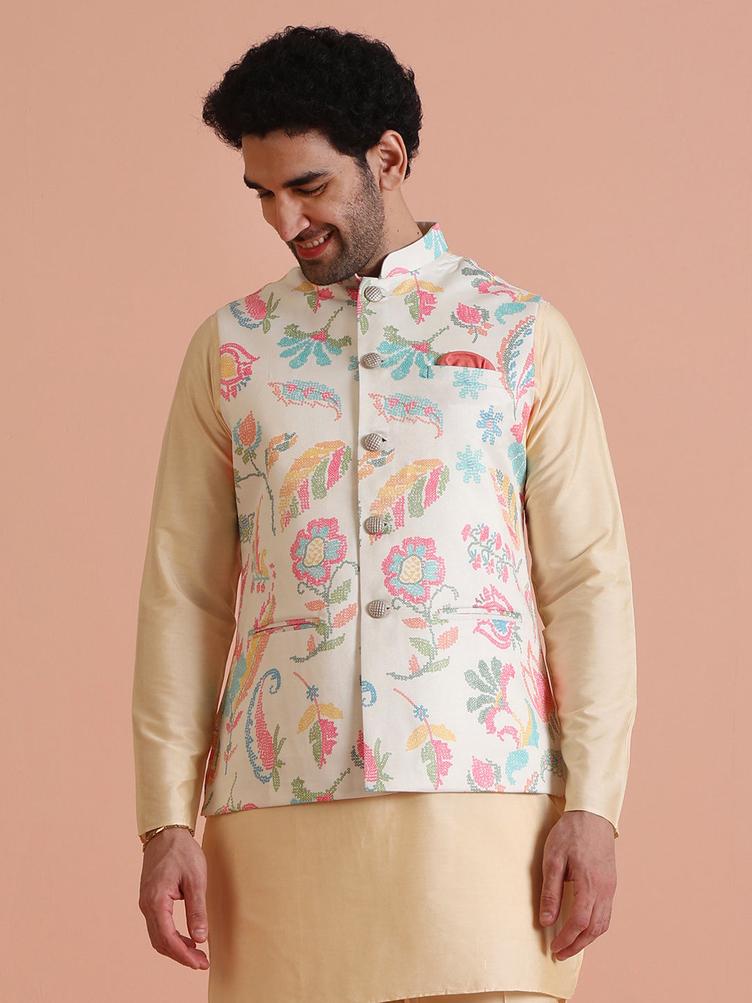 Cream Silk Blend Multicolor Floral Printed Nehru Jacket | SHOBITAM