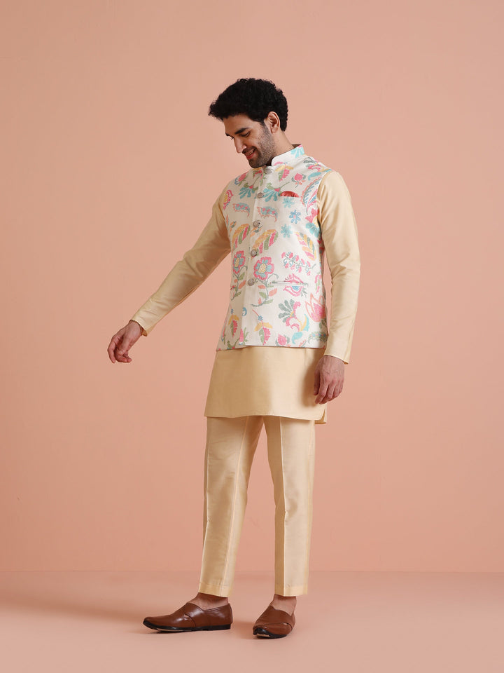 Cream Silk Blend Multicolor Floral Printed Nehru Jacket | SHOBITAM